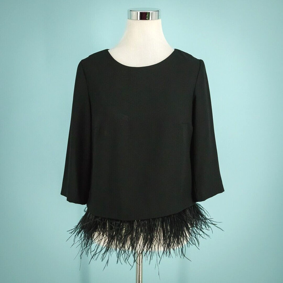 Club Monaco Tops - Club Monaco Size Small S Black Donnatina Ostrich Feather Crew 3/4 Sleeve Top